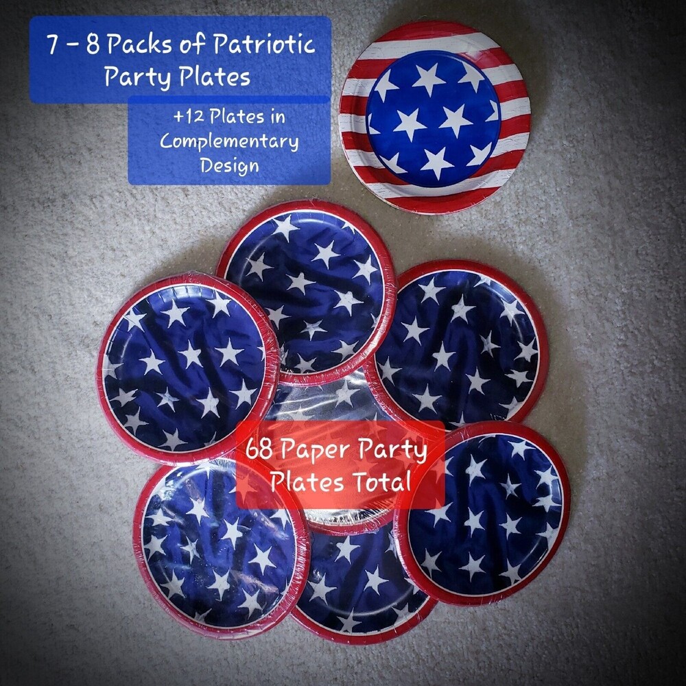 Patriotic USA Flag Election Party Plates Red White Blue & Stars Design 68CT